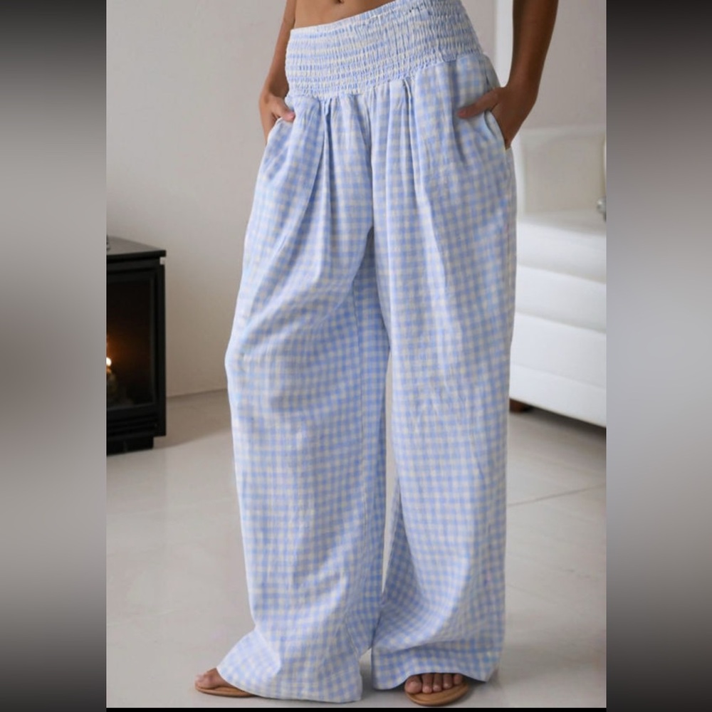 1151. Smocked waist wide leg plaid pant in blue - Picture 2 of 3